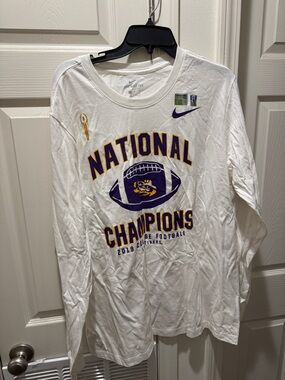 Nike White Long Sleeve National Champions Football Tee with Purple & Gold Print